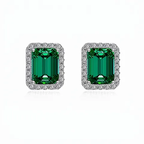 925 Sterling Silver Synthetic Emerald Halo Stud Earrings For Women Vintage Rectangle Zirconia Inlaid Jewelry