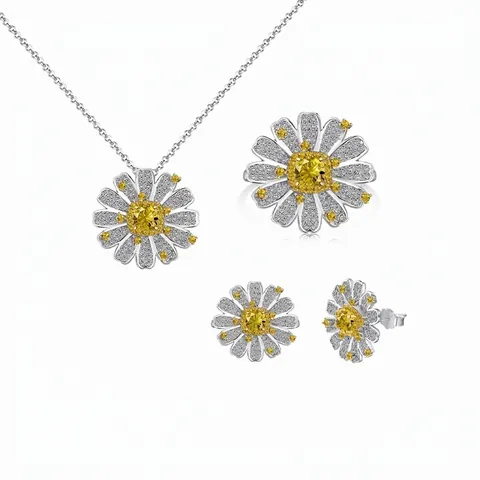 Elegant Daisy Sunflower S925 Sterling Silver Jewelry Set Yellow White Zirconia Necklace Stud Earrings Ring For Women