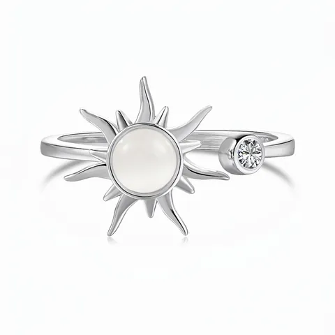 925 Sterling Silver Sun Spinner Ring For Women Adjustable Cat's Eye Stone Zirconia Rotating Anxiety Stress Relief Ring Jewelry Gift