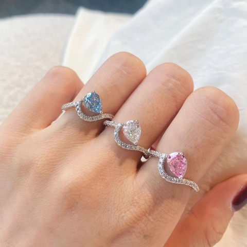 Anillo de Plata de Ley 925 Con Circonia Corte de Pera Para Mujer Banda de Onda Elegante Joyería de Moda