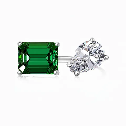 925 Sterling Silver Toi Et Moi Ring For Women Emerald Cut Green And Pear Cut White Zirconia Adjustable Open Ring Jewelry