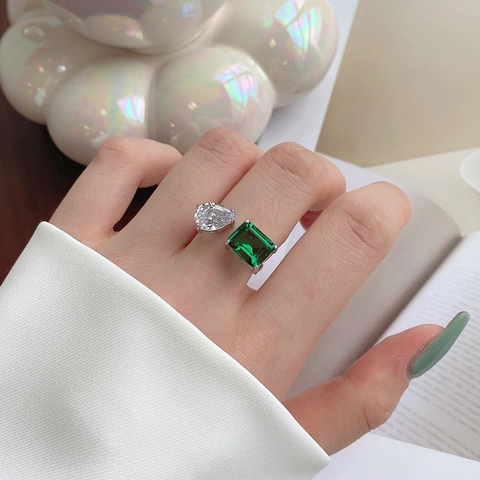 925 Sterling Silver Toi Et Moi Ring For Women Emerald Cut Green And Pear Cut White Zirconia Adjustable Open Ring Jewelry