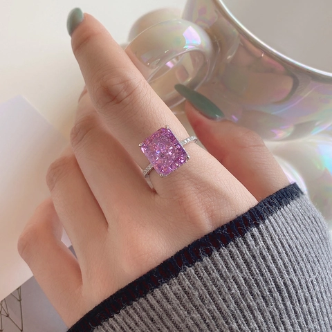 925 Sterling Silver Pink Zirconia Radiant Cut Ring For Women Elegant Luxury Pave Rhinestone Cocktail Ring Fashion Jewelry
