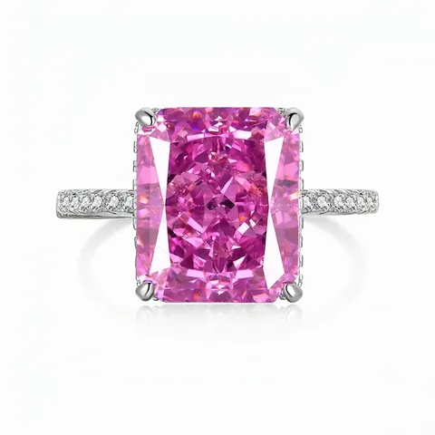 925 Sterling Silver Pink Zirconia Radiant Cut Ring For Women Elegant Luxury Pave Rhinestone Cocktail Ring Fashion Jewelry