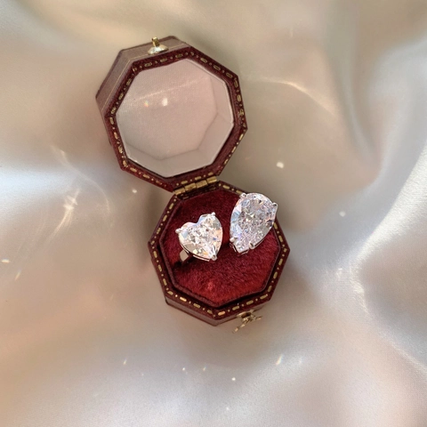 925 Sterling Silver Toi Et Moi Ring For Women Heart Pear Cut Sparkly Rhinestone Open Adjustable Finger Ring Fashion Jewelry