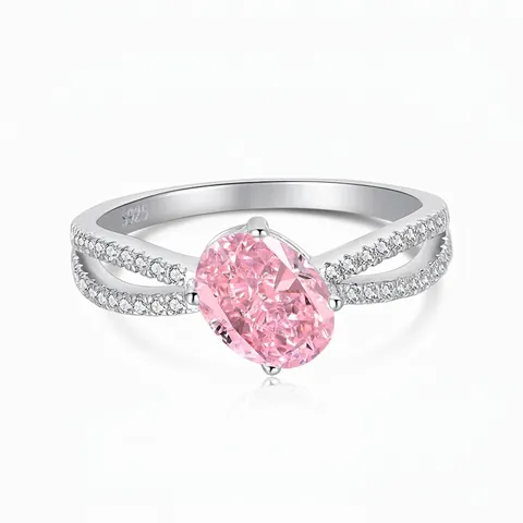Anello in Argento Sterling 925 con Zirconia Ovale Rosa Bianco per Donna Elegante Croce Cava Micro Pave Zirconia Gioielli