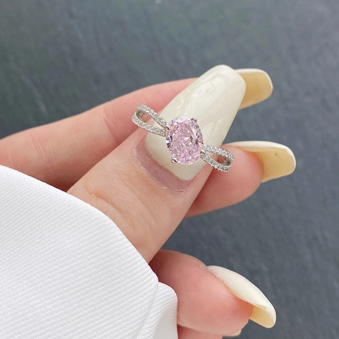 Anello in Argento Sterling 925 con Zirconia Ovale Rosa Bianco per Donna Elegante Croce Cava Micro Pave Zirconia Gioielli