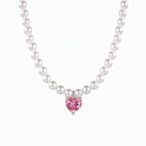 Collana di Perle in Argento Sterling 925 per Donna Ciondolo a Cuore in Zirconia Elegante Gioielleria di Moda Regalo