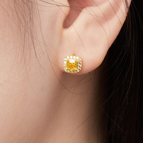 Orecchini a Bottone in Argento Sterling 925 per Donna Placcato Oro 18K Zirconia Gialla Taglio Cushion Halo Gioielli di Lusso