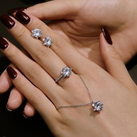925 Sterlingsilber Kamelie Zirkonia Schmuck Halskette Ring Ohrringe Für Damen Funkelnde Schneeflocke Blume Anhänger Hochzeit Party