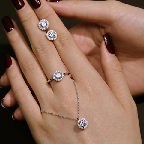 925 Sterling Silver Zirconia Jewelry Set Round Halo Pendant Necklace Stud Earrings Adjustable Ring Elegant Women Wedding Jewelry