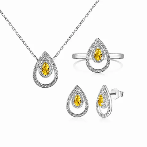 Lujoso Juego de Joyas de Plata de Ley 925 con Circonia en Forma de Gota Collar con Colgante Anillo Pendientes para Mujer