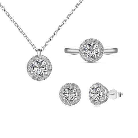 925 Sterling Silver Zirconia Jewelry Set Round Halo Pendant Necklace Stud Earrings Adjustable Ring Elegant Women Wedding Jewelry