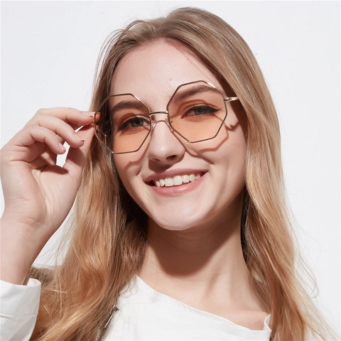 Gafas de Sol Octogonales de Metal sin Montura Doble Puente Lentes Degradadas Moda Street Style UV400 Hombre Mujer