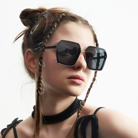 Fashion Oversized Square Sunglasses Retro Geometric Polygon Half Metal Frame PC AC Lens UV400 Sunshade Eyewear For Men Women