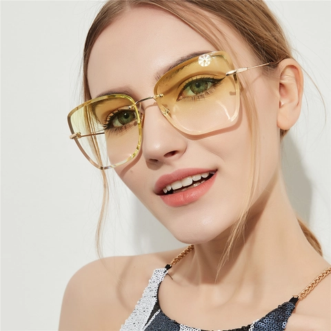 Women Rimless Large Frame Sunglasses Retro Gradient Transparent Metal Frame Sunglasses UV400 Fashion Square Eyewear