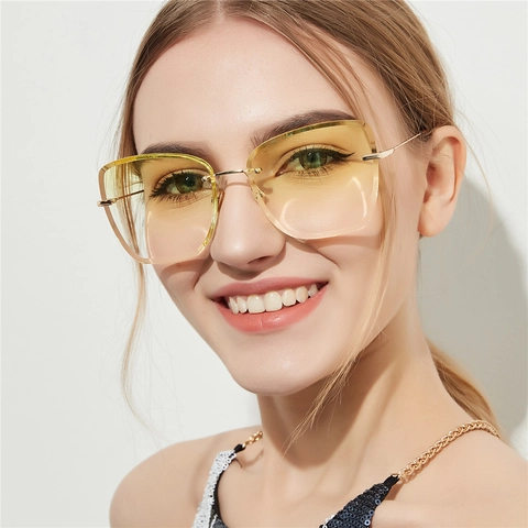 Women Rimless Large Frame Sunglasses Retro Gradient Transparent Metal Frame Sunglasses UV400 Fashion Square Eyewear