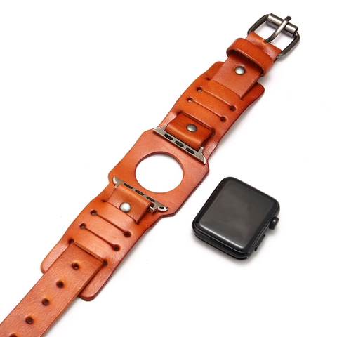 Correa de Reloj de Cuero de Vaca Bund Ancha Retro Compatible Para Apple Watch Correa Cuff Punk Vintage Con Remaches Acero Inoxidable