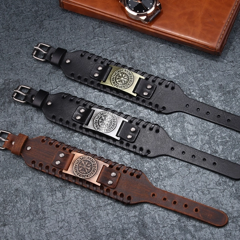 Vintage Viking Compass Wide Leather Bracelet Men's Punk Braided Leather Cuff With Metal Plate Adjustable Wristband Nordic Runic Jewelry