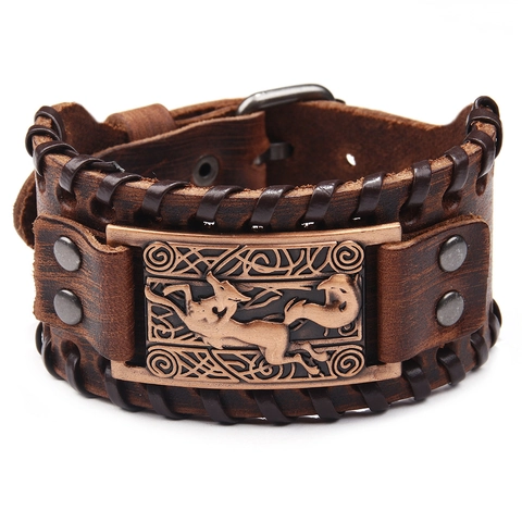 Retro Wide Leather Bracelet Punk Gothic Viking Valknut Wolf Head Design Alloy Plate Cuff Bracelet For Men Women Jewelry