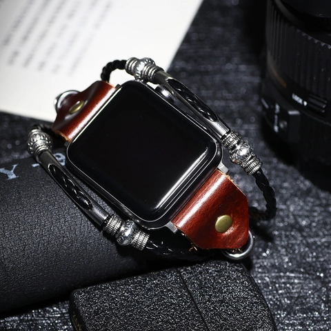 Correa de Reloj Trenzada de Cuero de Vaca Vintage Para Smart Watch Retro Aleación Cuenta de Madera Estilo Punk Étnico
