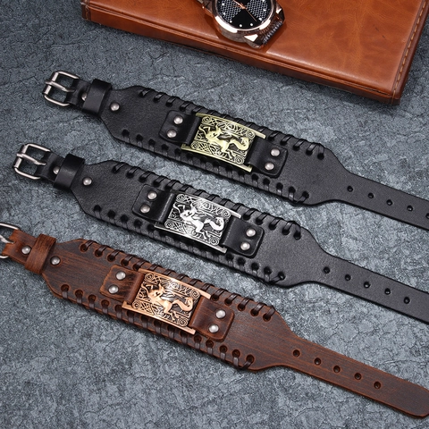 Retro Wide Leather Bracelet Punk Gothic Viking Valknut Wolf Head Design Alloy Plate Cuff Bracelet For Men Women Jewelry