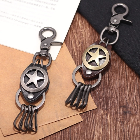 Vintage Punk Pentagramm Leder Metall Schlüsselanhänger Für Herren Damen Amerikanische Arbeitskleidung Legierung Stern Anhänger Auto Schlüsselring