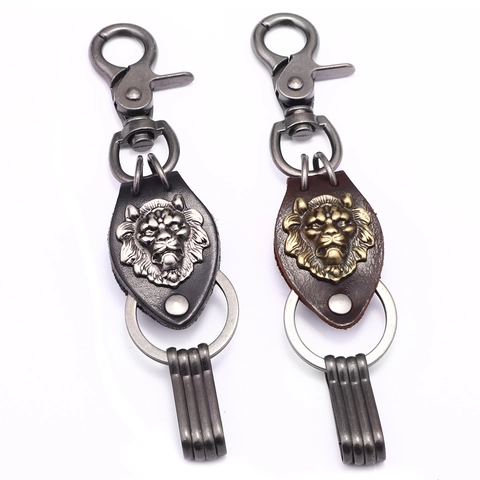 Vintage Leeuwenkop Lederen Sleutelhanger Handgemaakt Geweven Zinklegering Metalen Sleutelring Retro Auto Hanger Voor Mannen