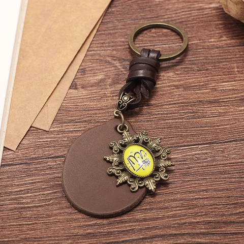 Llavero de Aleación de Cuero Tejido a Mano Vintage Con Colgante de Metal Bronce Símbolo del Zodiaco Virgo para Hombres Mujeres