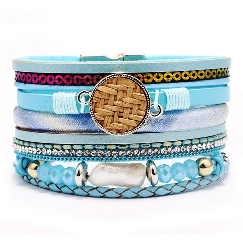 Pulsera Envolvente Multicapa Bohemia para Mujer Strass Perla Artificial Cordón de Cuero PU Trenzado Cierre Magnético