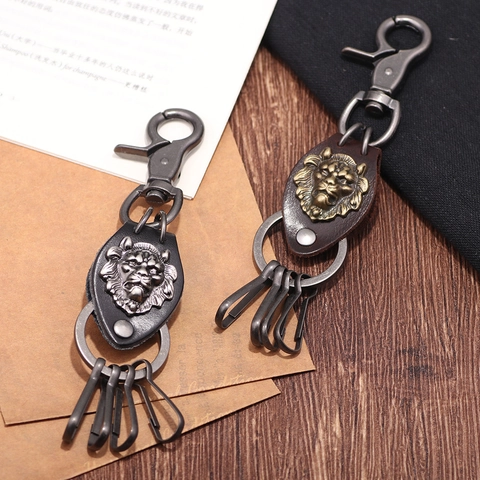 Vintage Leeuwenkop Lederen Sleutelhanger Handgemaakt Geweven Zinklegering Metalen Sleutelring Retro Auto Hanger Voor Mannen
