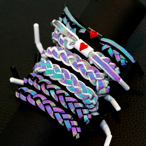 Holographic Reflective Shoelace Braided Bracelet Alloy Heart Adjustable Trendy Streetwear Hip Hop Wristband Fashion Jewelry Unisex Gift