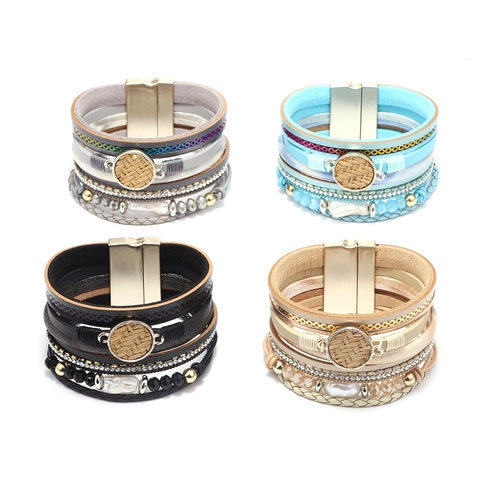 Pulsera Envolvente Multicapa Bohemia para Mujer Strass Perla Artificial Cordón de Cuero PU Trenzado Cierre Magnético