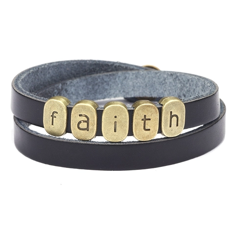 Pulsera de Cuero de Doble Vuelta Vintage Cuentas de Aleación Letras Faith Tejido Retro Unisex Brazalete Joyería Moda