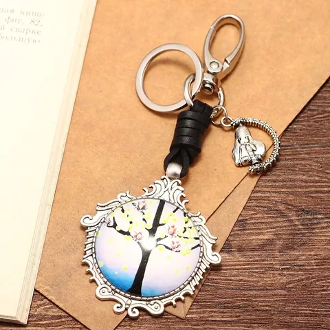 Portachiavi Vintage Albero della Vita Ciondolo in Lega e Vetro Con Cordino in Pelle Intrecciata Anello Portachiavi in Metallo