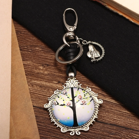 Portachiavi Vintage Albero della Vita Ciondolo in Lega e Vetro Con Cordino in Pelle Intrecciata Anello Portachiavi in Metallo