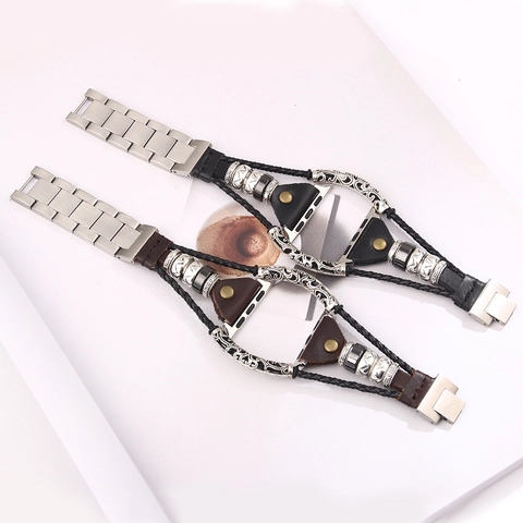 Retro Bohemian Geflochtenes Echtleder Uhrenarmband Mit Edelstahlkette Mehrlagiges Armband Für Smartwatch Unisex