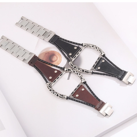 Retro Leather Stainless Steel Chain Watch Band For Apple Watch Braided Rope Hollow Carved Metal Strap Unisex Smartwatch Accessory