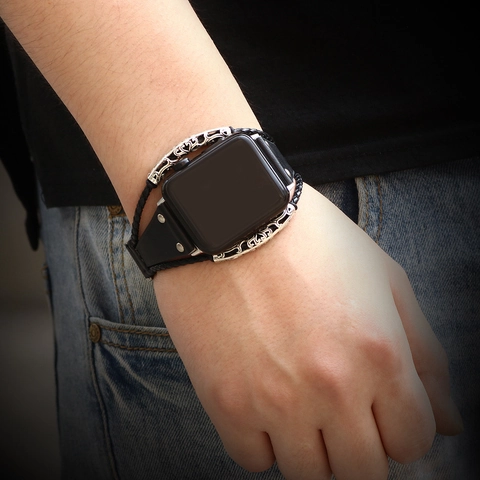 Retro Leather Stainless Steel Chain Watch Band For Apple Watch Braided Rope Hollow Carved Metal Strap Unisex Smartwatch Accessory