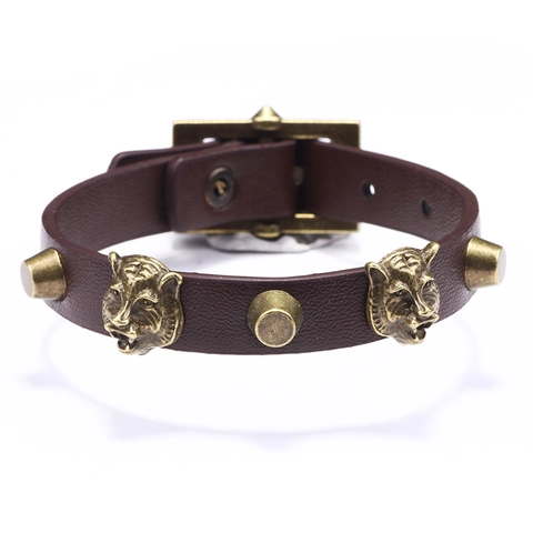 Bracciale in Pelle Uomo Vintage Punk Regolabile Testa di Tigre in Bronzo Antico Borchia Retrò Rock Locomotiva Gioielli Uomo