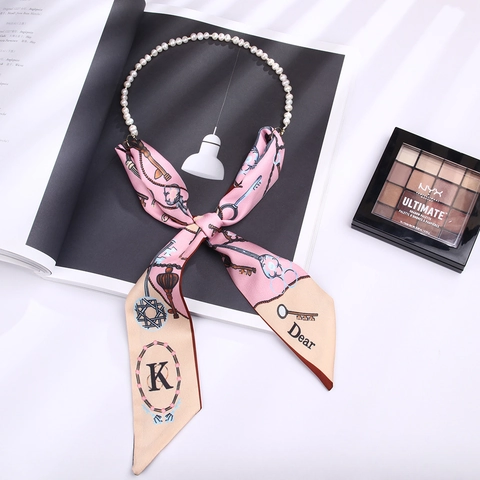 Elegante Dames Parelketting Met Vintage Print Polyester Sjaal Twilly Hanger Retro Stijl Mode Nek Sieraden Accessoire