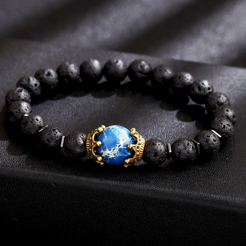 Punk Men Natural Tiger Eye Lava Stone Lapis Lazuli Beaded Bracelet Alloy Crown Charm Elastic Yoga Jewelry Hand Strand Gift