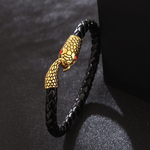 Pulsera de Cuero Genuino para Hombre Con Hebilla de Aleación de Cabeza de Serpiente Oro Plata Tejida Estilo Punk Joyería