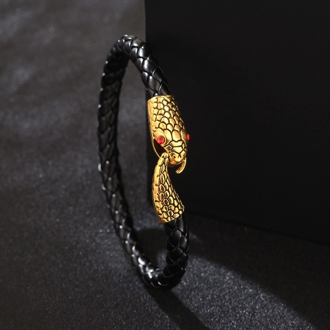 Pulsera de Cuero Genuino para Hombre Con Hebilla de Aleación de Cabeza de Serpiente Oro Plata Tejida Estilo Punk Joyería