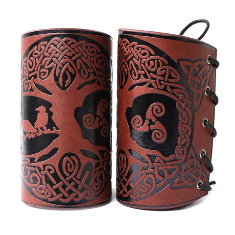Parabraccia Vichinghi Celtici Albero della Vita Corvo in Pelle PU Goffrata per Uomo Donna Gioielli Armatura da Polso Punk Rock