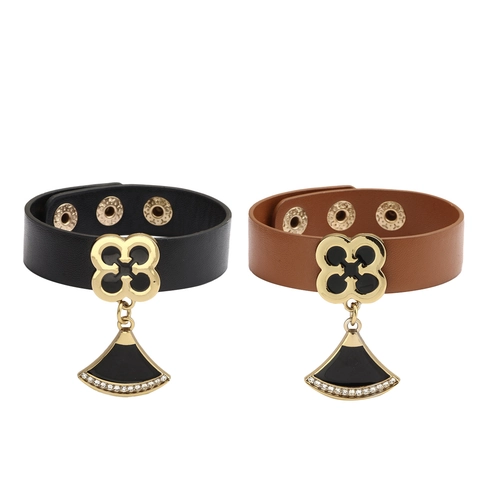 Bracciale Vintage in Pelle PU Con Trasparente a Quadrifoglio e Ventaglio per Donna Lega Strass Regolabile Gioielli di Moda