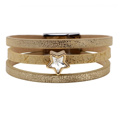 Mode Damen Mehrschichtiges PU-Leder Armband Stern Pentagramm Strass Anhänger Schmuck Mit Magnetverschluss Elegantes Hand-Accessoire