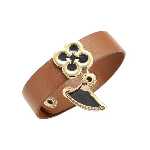 Bracciale Vintage in Pelle PU Con Trasparente a Quadrifoglio e Ventaglio per Donna Lega Strass Regolabile Gioielli di Moda