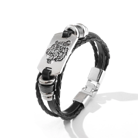 Pulsera de Cuero PU Trenzado Multicapa Vintage para Hombre Placa de Metal con Relieve de Cabeza de Tigre Estilo Punk Joyería de Moda
