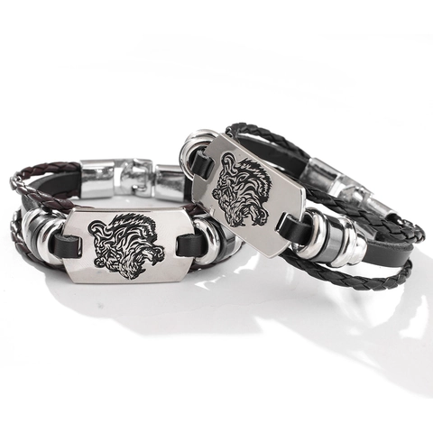 Pulsera de Cuero PU Trenzado Multicapa Vintage para Hombre Placa de Metal con Relieve de Cabeza de Tigre Estilo Punk Joyería de Moda
